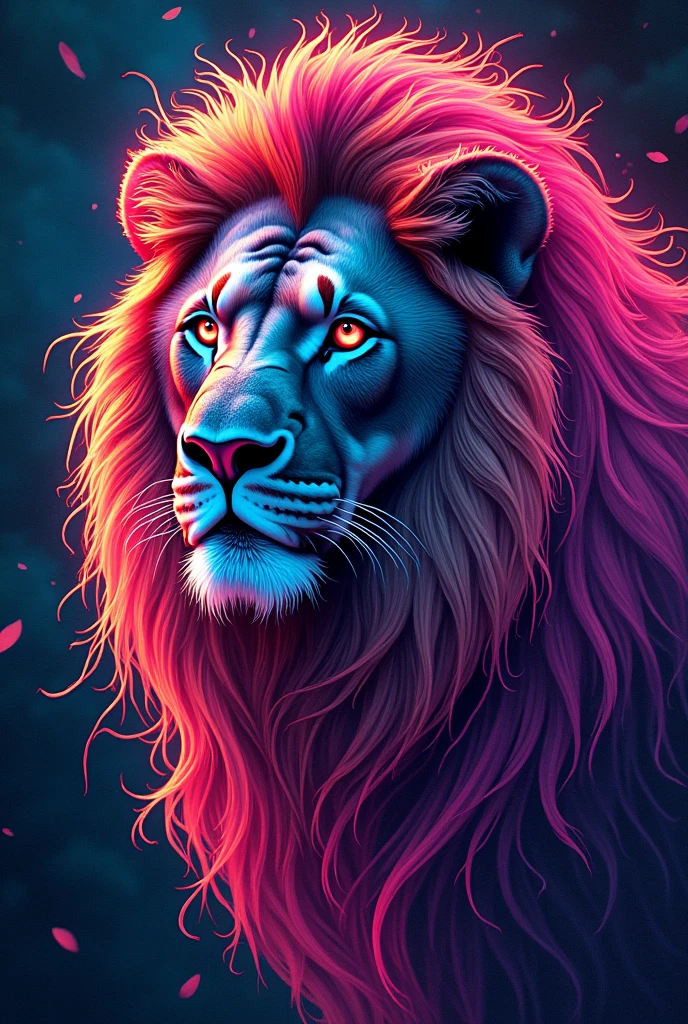 majestic lion with a flowing mane, in vibrant, neon colors, digital art, abstract style, intricate line details