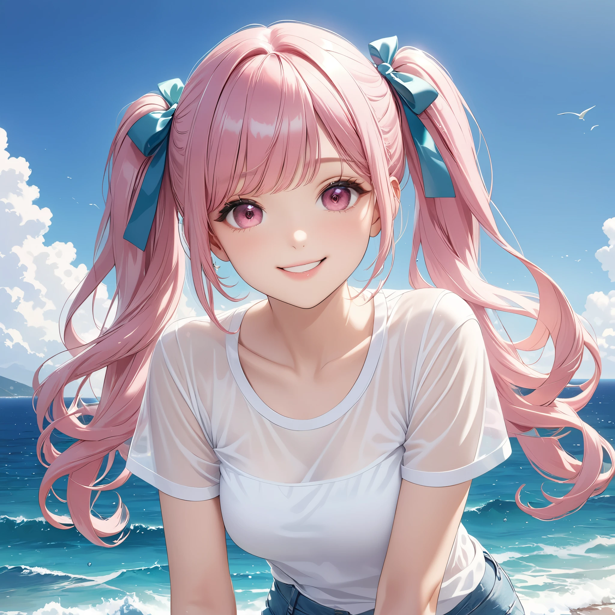 (8K, masutepiece, Best Quality, Official art, beautiful detailed, beautiful lighting, best masterpiece in history that exceeds limits), (1 Girl, Solo), (sixteen years old), (beautiful detailed face), (shiny white skin), (Beautiful big bust, thighs:1.3), (beautiful detailed pink twin tails hair, Bangs, cute ribbon:1.3), (beautiful detailed drooping pink eyes:1.5), (see through plain white T-shirt, short sleeves long length:1.3), (see through bra:0.5), (happy smile:1.2), (Attractive, Look at the camera, cute pose), breathtaking scenery, (ultra detailed Beautiful sea, blue sky:1.3)