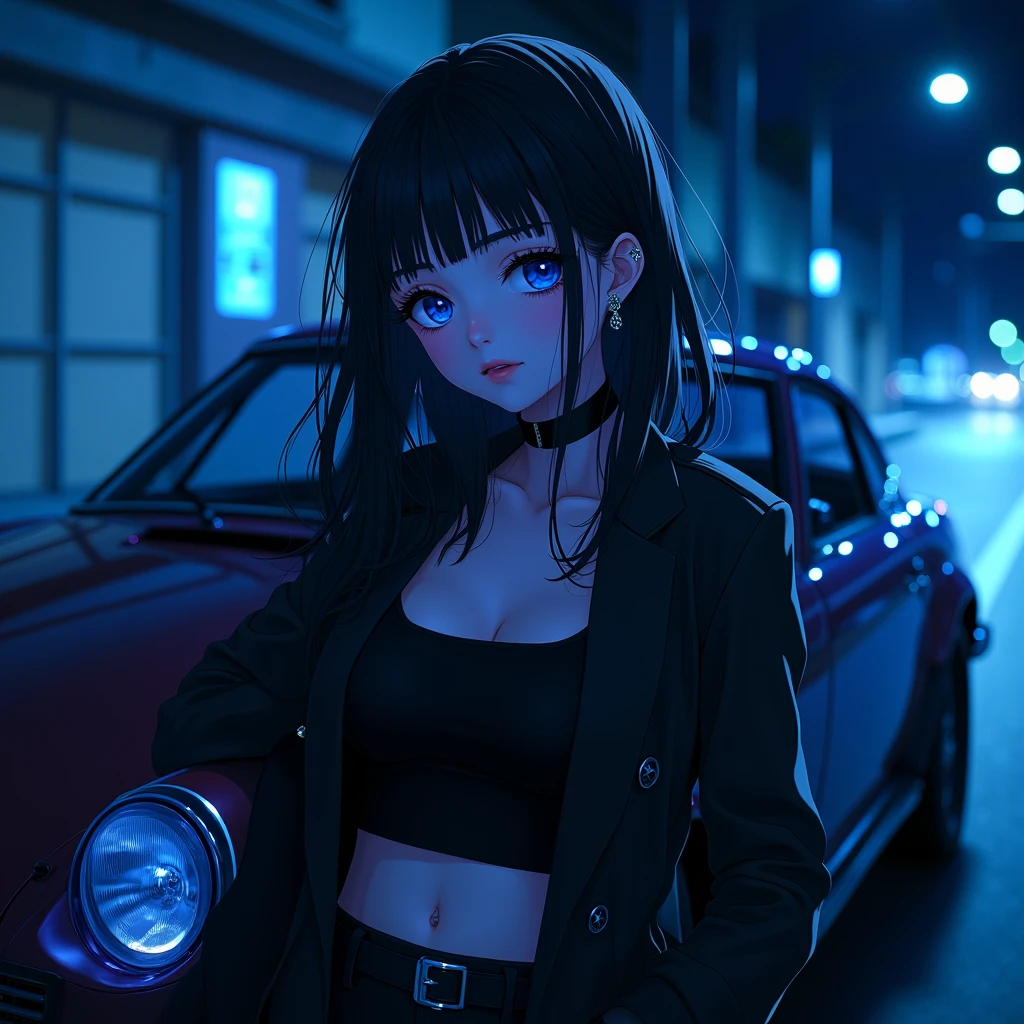 A anime girl standing beside her car and smoking ... She is wearing a classy black clothes clothes in night ... Her face is in blue neon lights... She is wearing dark makeup... Her ears is pierced with piercings 