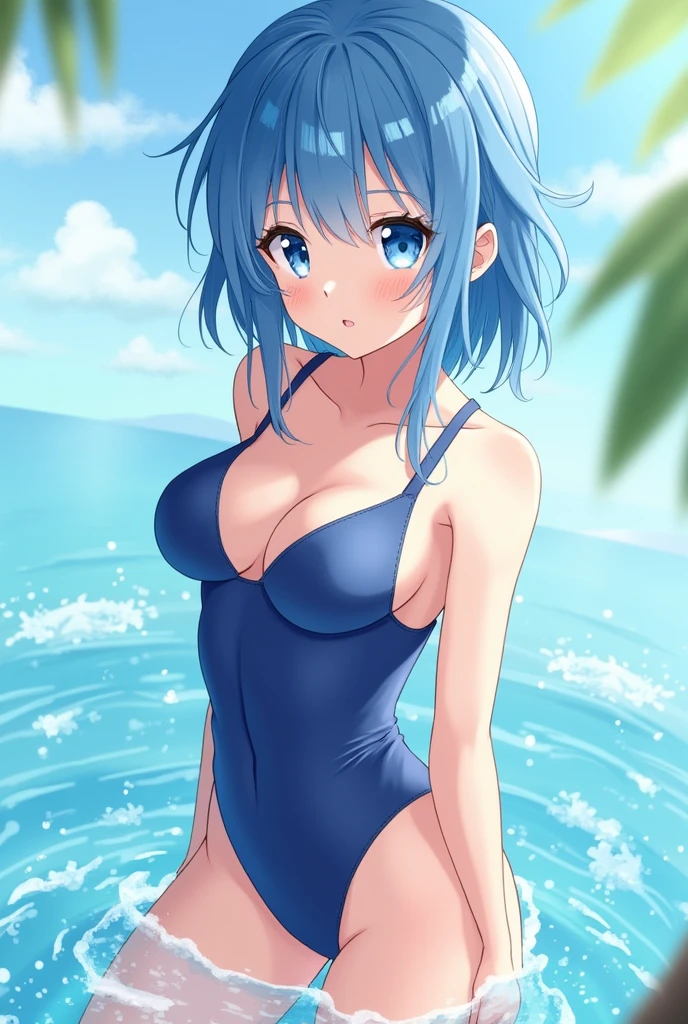 The background is a tropical pool、Wizards Harmony&#39;s Sonya Ethelbert style with blue hair、A naked woman with short hair and droopy eyes is standing shyly with her arms behind her back、There is a teardrop mole on the face