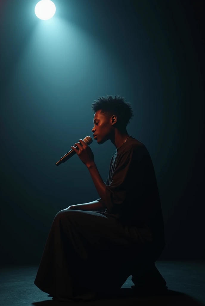 RAW, Best quality, high resolution, work: 1.3), (iu:0.8),8K, Masterpiece, RAW photo, Best quality, detail:1.2),Photorealistic, Extremely detailed Cg Unity 8K wallpapers, Depth of field, Lens flare, Ray tracing, dark, moody, dramatic one light set up, African American r&b singer sitting down in a spot light performing. Front facing