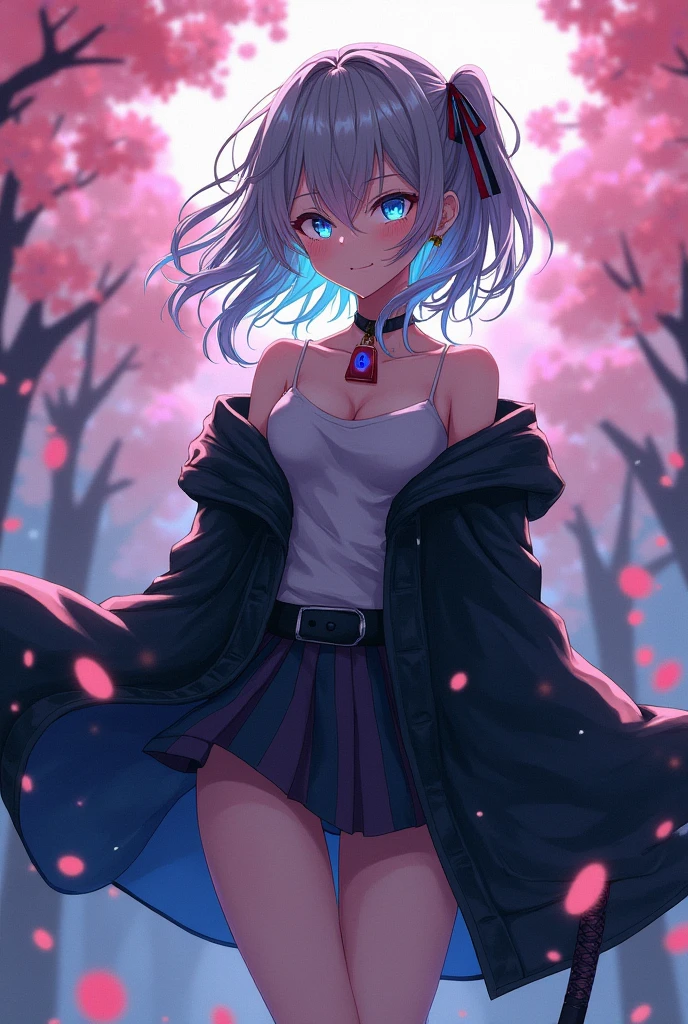 (((masterpiece))),(((Highest quality))),((Very detailed)),(figure),(Dynamic Angle), ((floating)),(paint),((Disheveled Hair)), (alone),(((The skirt is flipped up and the underwear is visible))), ((Girl in black coat)), (((Detailed anima face))),((Beautifully detailed body)),collar,Exposing shoulders,(((Mysterious and shining blue eyes)))Gray Hair, ((Colorful Hair)),((Striped Hair)), Beautiful attention to detail,(Gradient color eyes),(((Colorful eyes))), (((background))),(((High saturation))),(((Surrounded by colorful splashes))),(((Standing in front of the cherry blossoms in the night scenery))),,((Holding a sword))