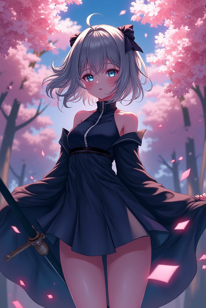 (((masterpiece))),(((Highest quality))),((Very detailed)),(figure),(Dynamic Angle), ((floating)),(paint),((Disheveled Hair)), (alone),(((The skirt is flipped up and the underwear is visible))), ((Girl in black coat)), (((Detailed anima face))),((Beautifully detailed body)),collar,Exposing shoulders,(((Mysterious and shining blue eyes)))Gray Hair, ((Colorful Hair)),((Striped Hair)), Beautiful attention to detail,(Gradient color eyes),(((Colorful eyes))), (((background))),(((High saturation))),(((Surrounded by colorful splashes))),(((Standing in front of the cherry blossoms in the night scenery))),,((Holding a sword))