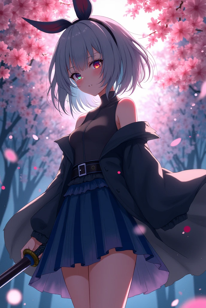 (((masterpiece))),(((Highest quality))),((Very detailed)),(figure),(Dynamic Angle), ((floating)),(paint),((Disheveled Hair)), (alone),(((The skirt is flipped up and the underwear is visible))), ((Girl in black coat)), (((Detailed anima face))),((Beautifully detailed body)),collar,Exposing shoulders,(((Mysterious and shining blue eyes)))Gray Hair, ((Colorful Hair)),((Striped Hair)), Beautiful attention to detail,(Gradient color eyes),(((Colorful eyes))), (((background))),(((High saturation))),(((Surrounded by colorful splashes))),(((Standing in front of the cherry blossoms in the night scenery))),,((Holding a sword))