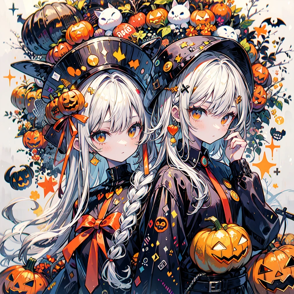 girl with orenge tied hair and a pumpkin hat, halloween theme,