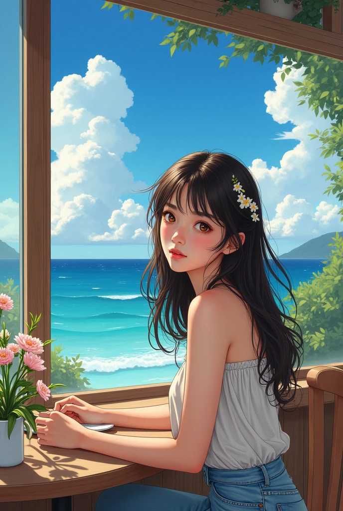 Yoshihiro Togashi style, brunette, female, flowers, looking at viewer, cafe, coffee, ocean, sky