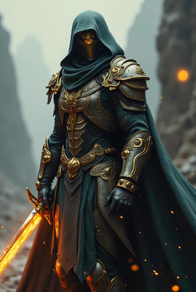 Cool robot conquering lands hunter ghost hunter with cool mask and armor powered with gold and thunder realistic cool looking cloak with cool looking sword