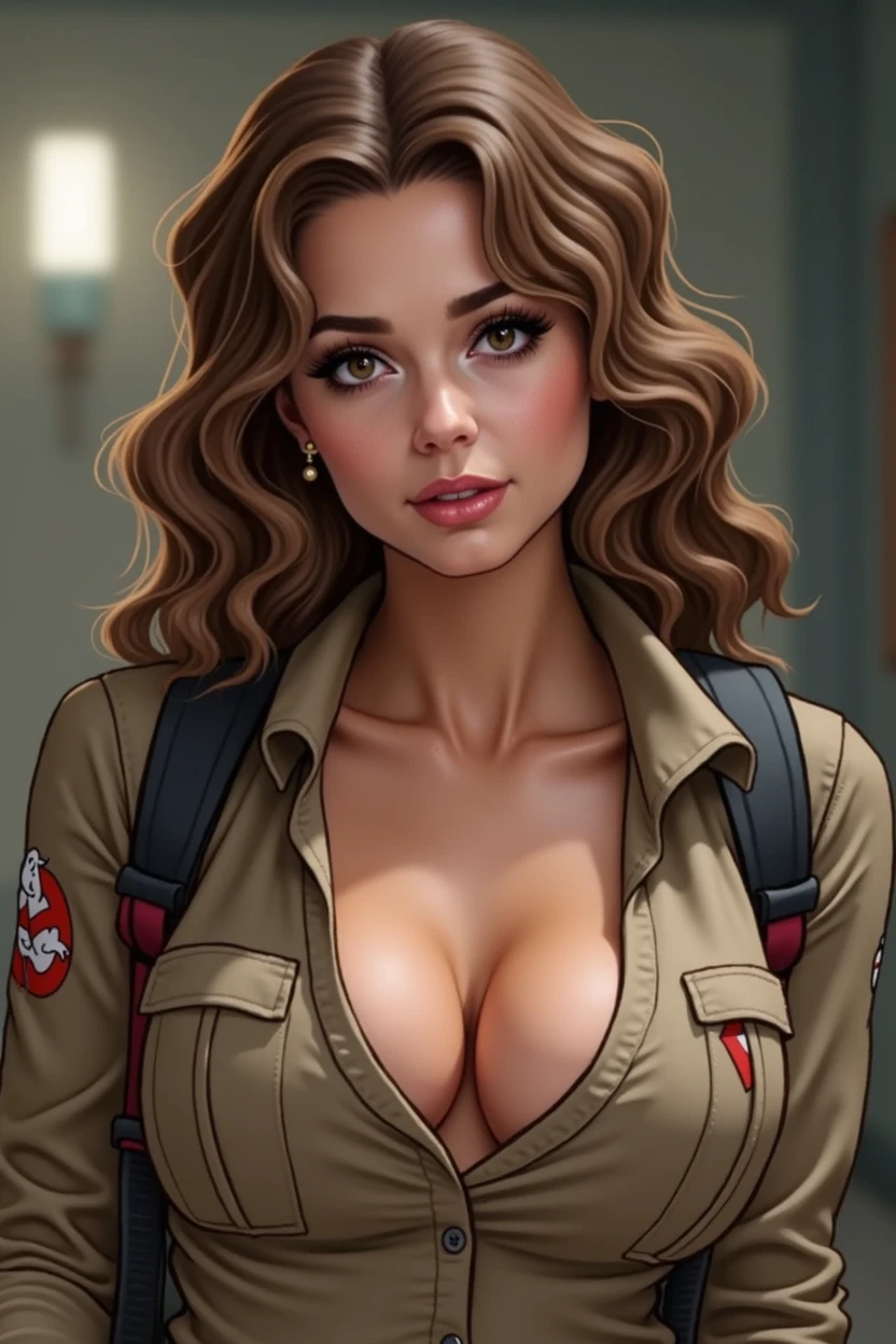 cleavage, makeup, wavy hair, 1girl, light brown hair, brown eyes, curvy, looking at viewer, ghostbusters uniform