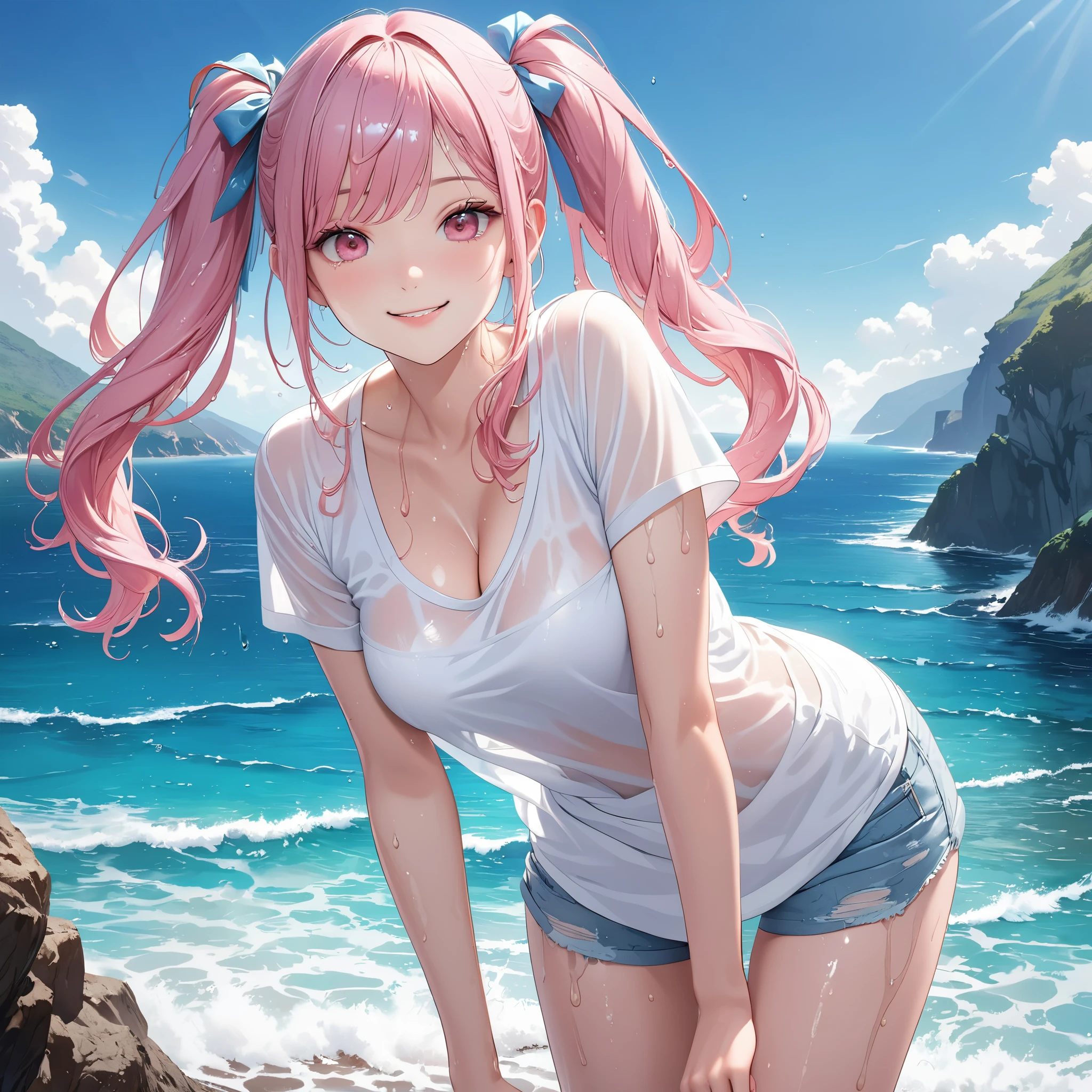 (8K, masutepiece, Best Quality, Official art, beautiful detailed, beautiful lighting, best masterpiece in history that exceeds limits), (1 Girl, Solo), (sixteen years old), (beautiful detailed face), (wet shiny white skin), (Beautiful big bust, cleavage, thighs:1.3), (beautiful detailed pink twin tails hair, Bangs:1.3), (pastel blue cute ribbon), (beautiful detailed drooping pink eyes:1.5), (see through wet plain white T-shirt, short sleeves long length:1.3), (happy smile:1.2), (standing, Attractive, Look at the camera, cute pose), breathtaking scenery, (ultra detailed Beautiful sea, blue sky:1.3)