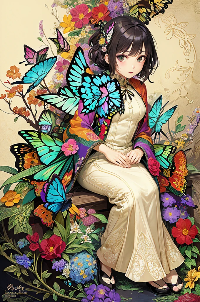 (masterpiece、highest quality、highest quality、official art、beautiful beautiful:1.2)、painterly、sketch、texture、Super high resolution、solo、Beautiful woman、very detailed、(fractal art:1.1)、(Colorful:1.1)(Floral:1.6)、most detailed、(zentangle:1.2)、(dynamic pose)、(abstract background:1.3)、(shiny skin)、(lots of colors:0.8)、、(Butterfly silhouette:1.4)、(wing:0.9)、Taisho romance,Sleepy eyes,Symmetrical eyes,((Sit on the wall)),Small eyes