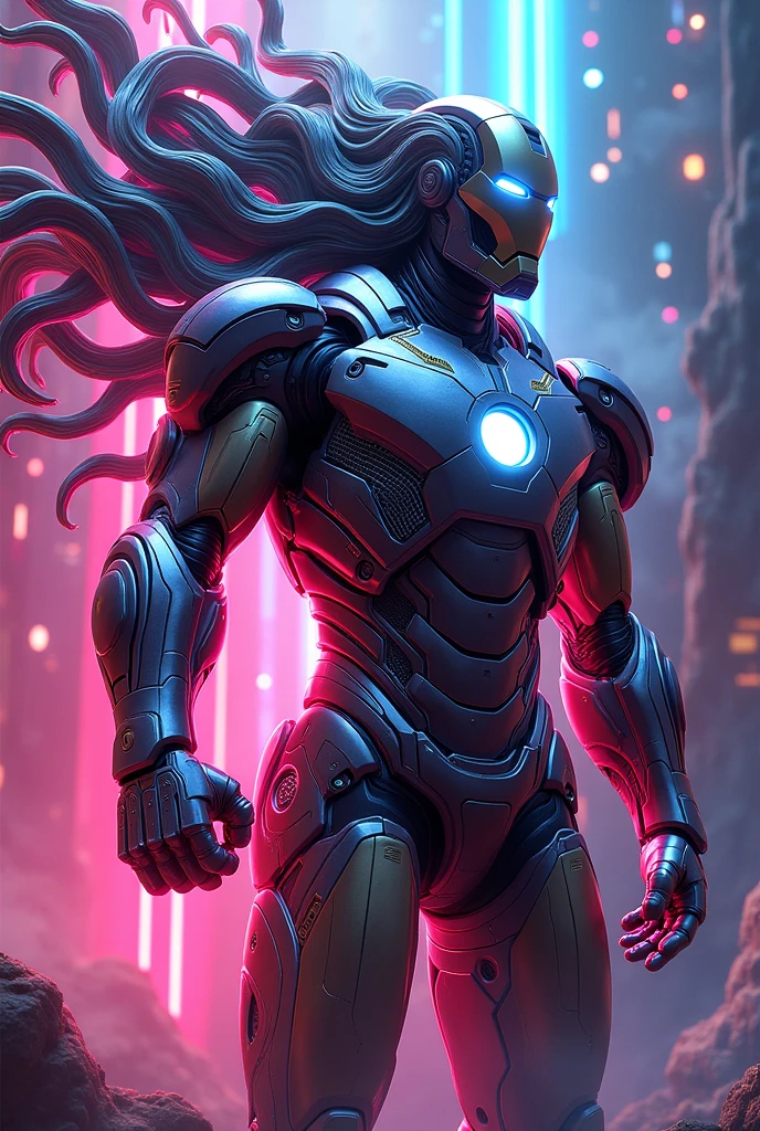 majestic iron man with a flowing mane, in vibrant, neon colors, digital art, abstract style, intricate line details