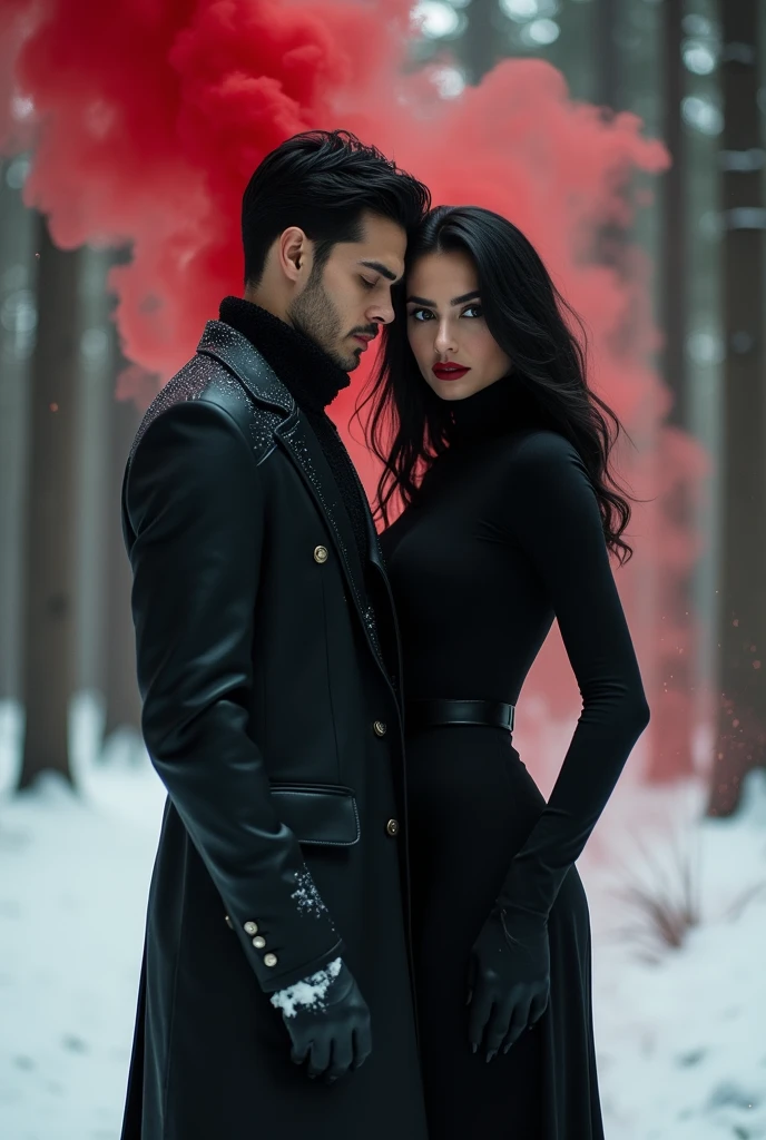 Woman with long wavy black hair red lips dark grey eyes wearing black high neck dress with red smoke around is in a snowy pine forest in the background a man in a black suit black hair grey eyes with black smoke around