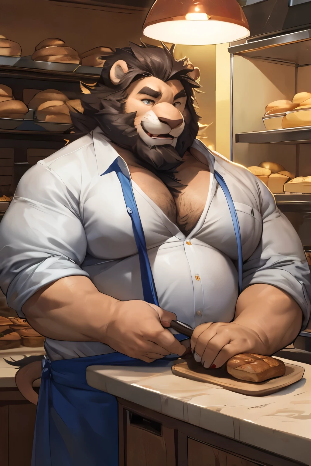 Chubby, fat, male  middle aged, anthro lion, baker, thin beard, flirting  , big chest, huge hefty pecs, dynamic light, opened Shirt, white, apron, thick shirt ,Gray hair and beard, extremely hot and sexy, Daddy figure, hot daddy, boss, by darkgem, by zixiong, by glitter trap boy, in a bakery