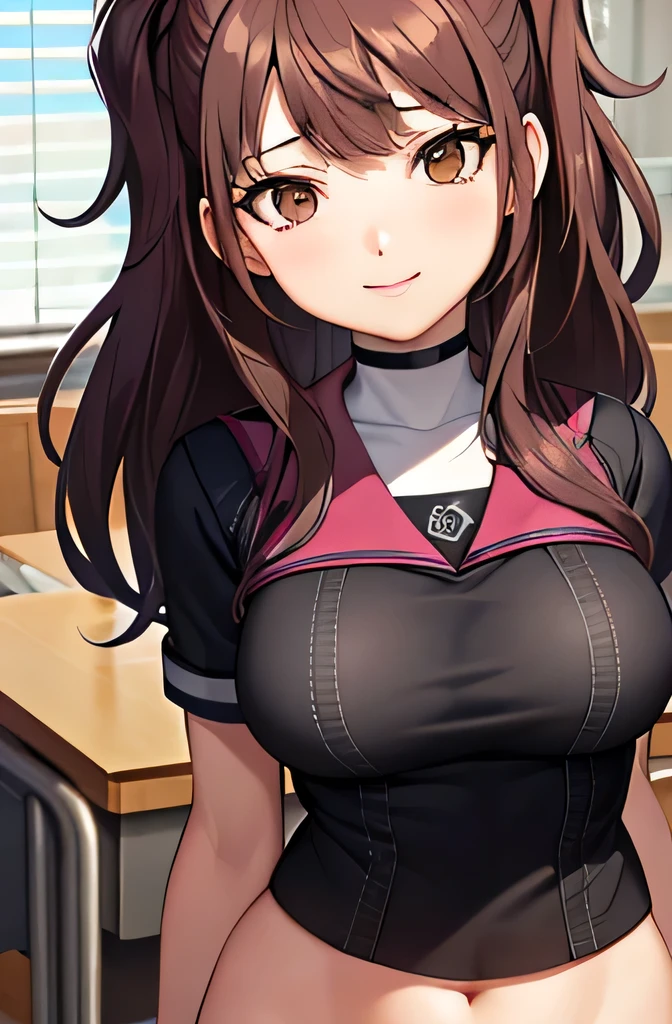 ultra-ditailed,A schoolgirl with brown hair and brown eyes is wearing a schoolgirl uniform.、She has E cup breasts and thighs.、Spreading her legs,Full body image,Perfect body,Anatomically correct body,Beautiful fingertips,Perfect Face,Moist eyes,A shy smile,classroom