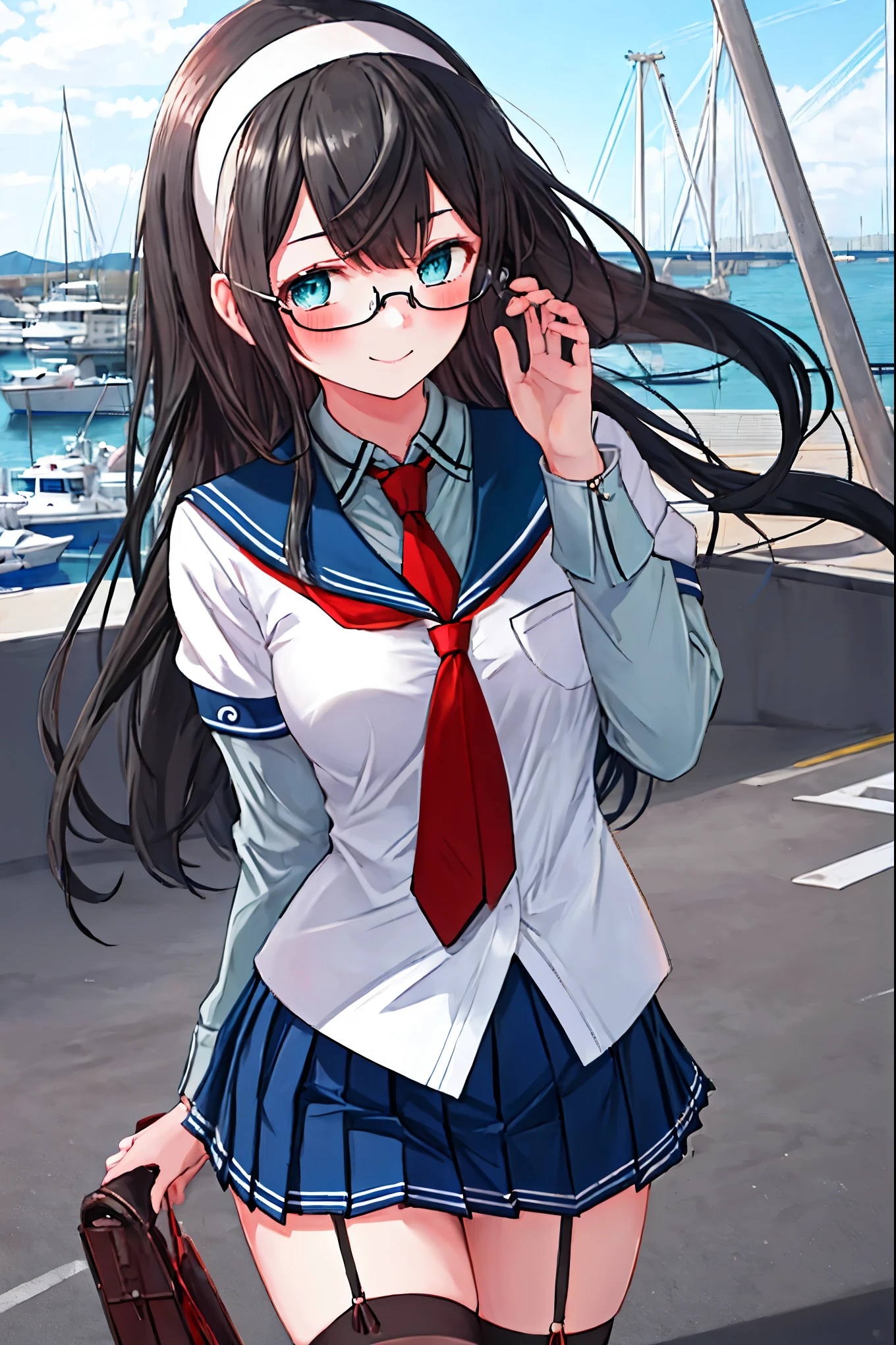 best quality, masterpiece, highres, solo, {ooyodo_kantaicollection:1.15}, black_hair, long_hair, glasses, hairband, semi-rimless_eyewear, under-rim_eyewear, blue_eyes, green_eyes, blush,small_breasts, 1girl, school_uniform, serafuku, pleats_skirt, looking_at_viewer, necktie, harbor_town_background, red_necktie,(angry:0.7),smile,,thigh-highs,solo