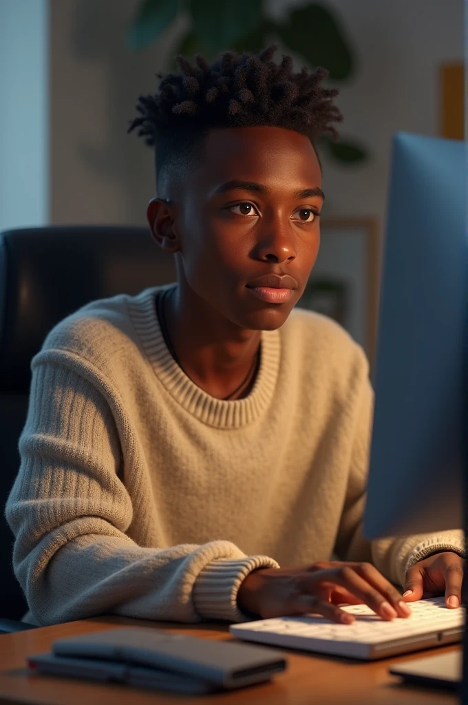 African American Teenage Boy Wearing Sweaters Sitting in Front of Computer Name RAYAD FF