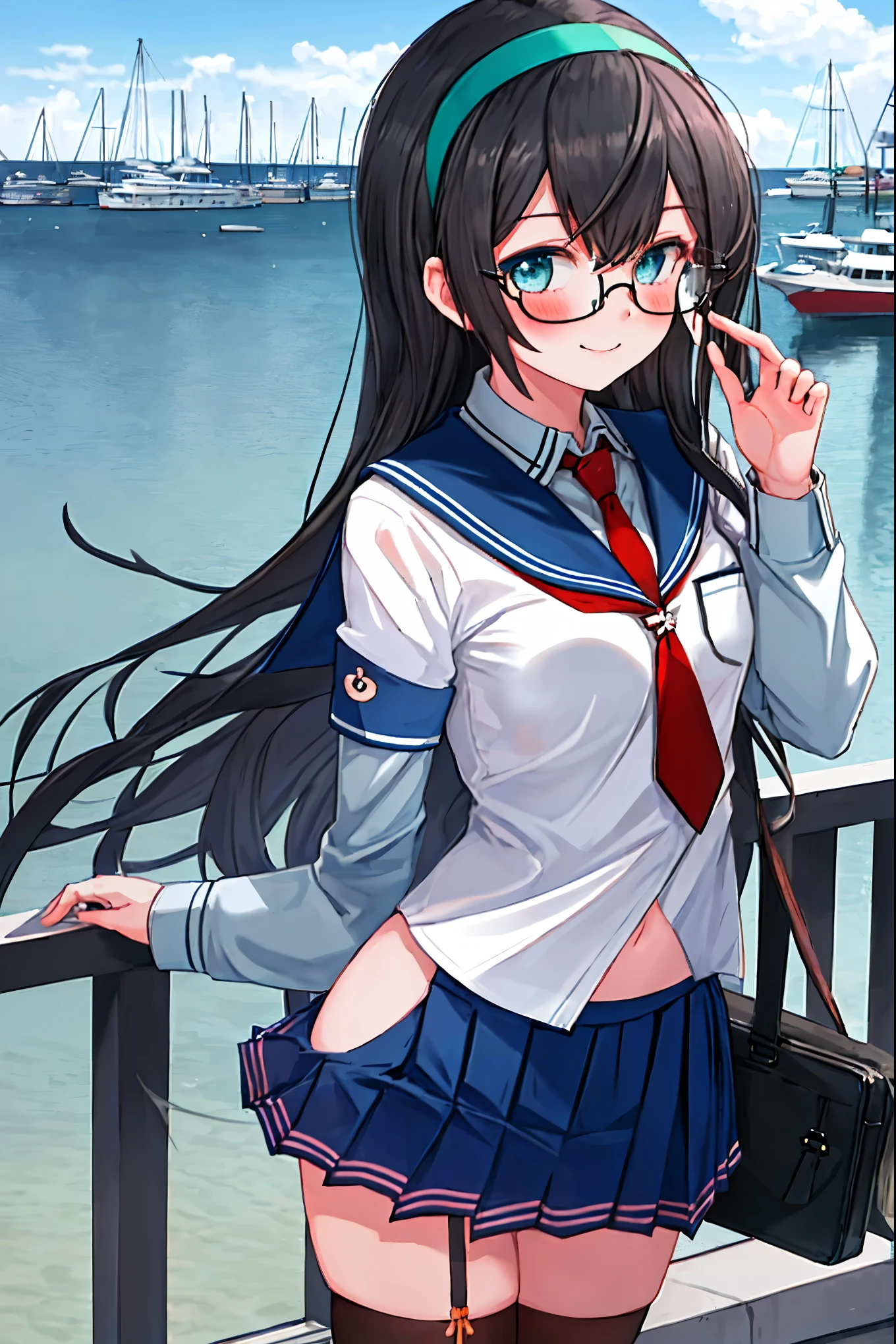 best quality, masterpiece, highres, solo, {ooyodo_kantaicollection:1.15}, black_hair, long_hair, glasses, hairband, semi-rimless_eyewear, under-rim_eyewear, blue_eyes, green_eyes, blush,small_breasts, 1girl, school_uniform, serafuku, pleats_skirt, looking_at_viewer, necktie, harbor_town_background, red_necktie,(angry:0.7),smile,,thigh-highs,solo