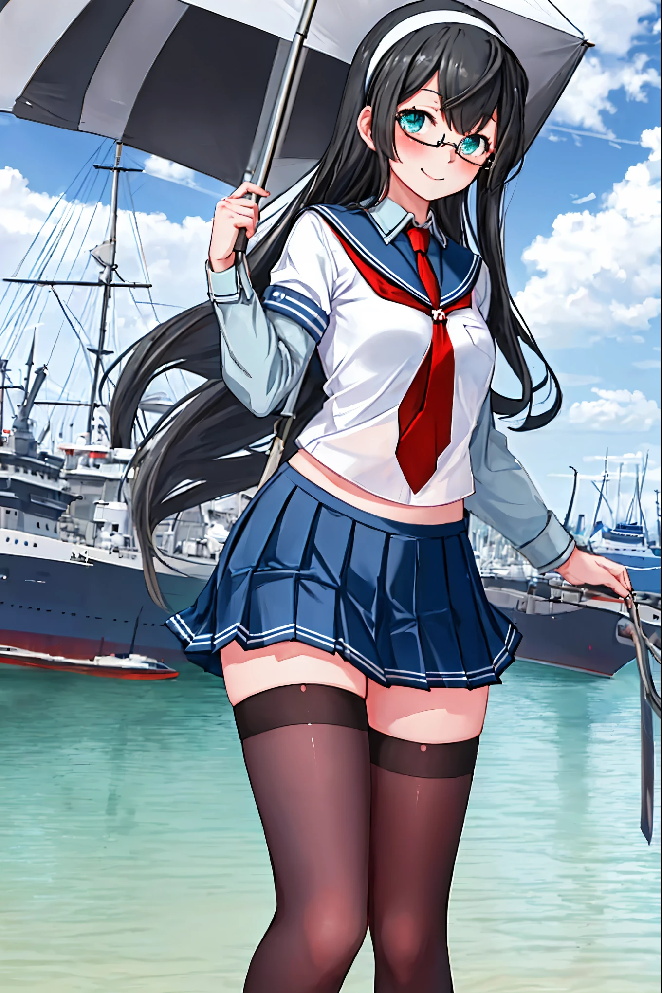 best quality, masterpiece, highres, solo, {ooyodo_kantaicollection:1.15}, black_hair, long_hair, glasses, hairband, semi-rimless_eyewear, under-rim_eyewear, blue_eyes, green_eyes, blush,small_breasts, 1girl, school_uniform, serafuku, pleats_skirt, looking_at_viewer, necktie, harbor_town_background, red_necktie,(angry:0.7),smile,,thigh-highs,solo