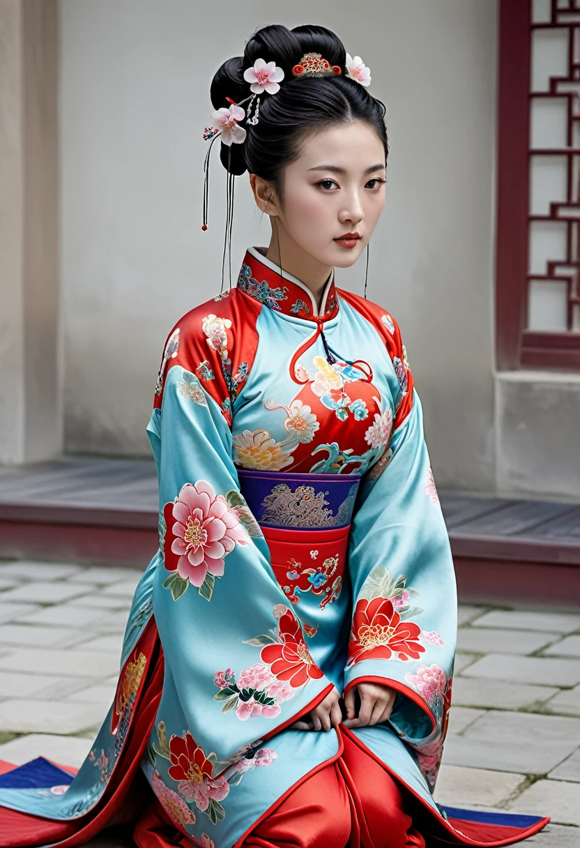 Full-body figure seen from the front
Qing dynasty empress on all fours outside the Qing dynasty Chinese palace wearing Manchu clothing with red garish floral pattern Manchu clothing open in front Manchu crotch showing dewy path from Manchu
Chest and breasts bare and dewy.
The head is adorned with large flowers and her hair is tied up and pulled back.
Erotic woman's
Her breasts and stomach are bare and exposed,
Her hair is tied up in a knot in the front, her hair is tied and pulled up, and she is not wearing panties, her cunt hair is showing from the front