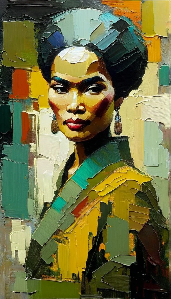 Portrait of RA. Kartini thickly textured oil painting, impasto brush strokes, dry brushing, exposed underlays, abstract landscape, moody lighting, dramatic shadows, muted earth colors, bright colors, highly detailed, masterpiece, Create an evocative oil painting inspired by Malcolm Liepke, based on the image provided. Capture the young subject's intense, introspective expression using bold, expressive brushstrokes and a muted color palette. thick textured oil painting, impasto brush strokes, dry brushing, exposed undercoat, RGB scale color scheme
