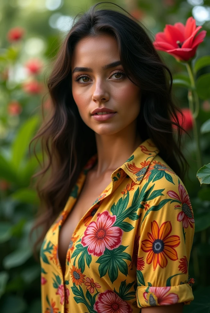 A Brazilian woman in a lush tropical garden, wearing an open shirt with a floral print, with a close-up capturing the harmonious beauty between her breasts and the natural flowers, showing off your natural charm and outgoing personality.