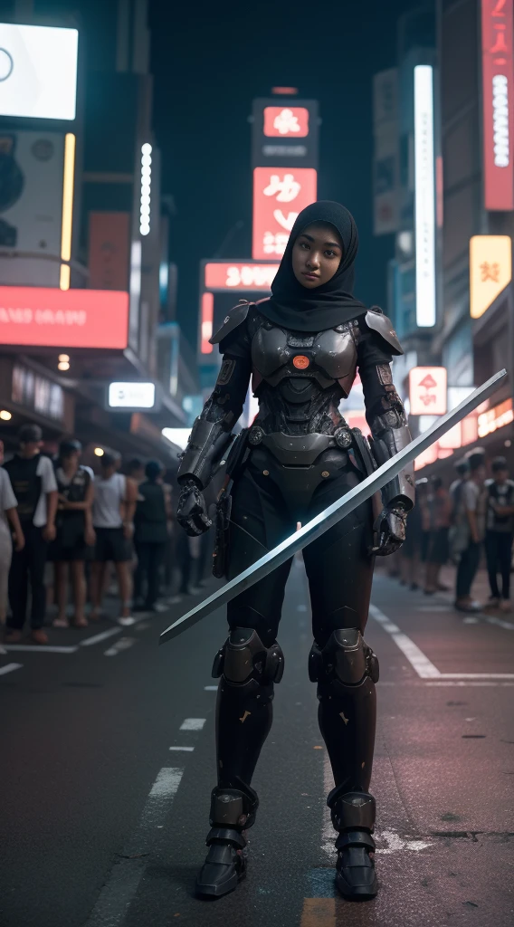 a malay teenage girl in hijab and mecha suit holding samurai sword in fighting pose in front of crowded bustling kuala lumpur malaysia city streets, serious face, nighttime, 35mm lens, establishing shot, pastel color grading, depth of field cinematography effect, film noir genre, 8k resolution, high quality, ultra detail