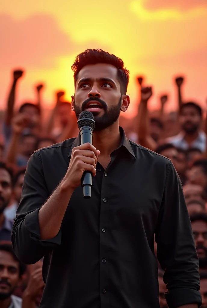 A man with a short beard and dair hair, wearing a black shirt,front view face straight towards camera of the person standing and speech in mike in the middle of an sun set with a crowd of tamilnadu people are encouraging in the background front view