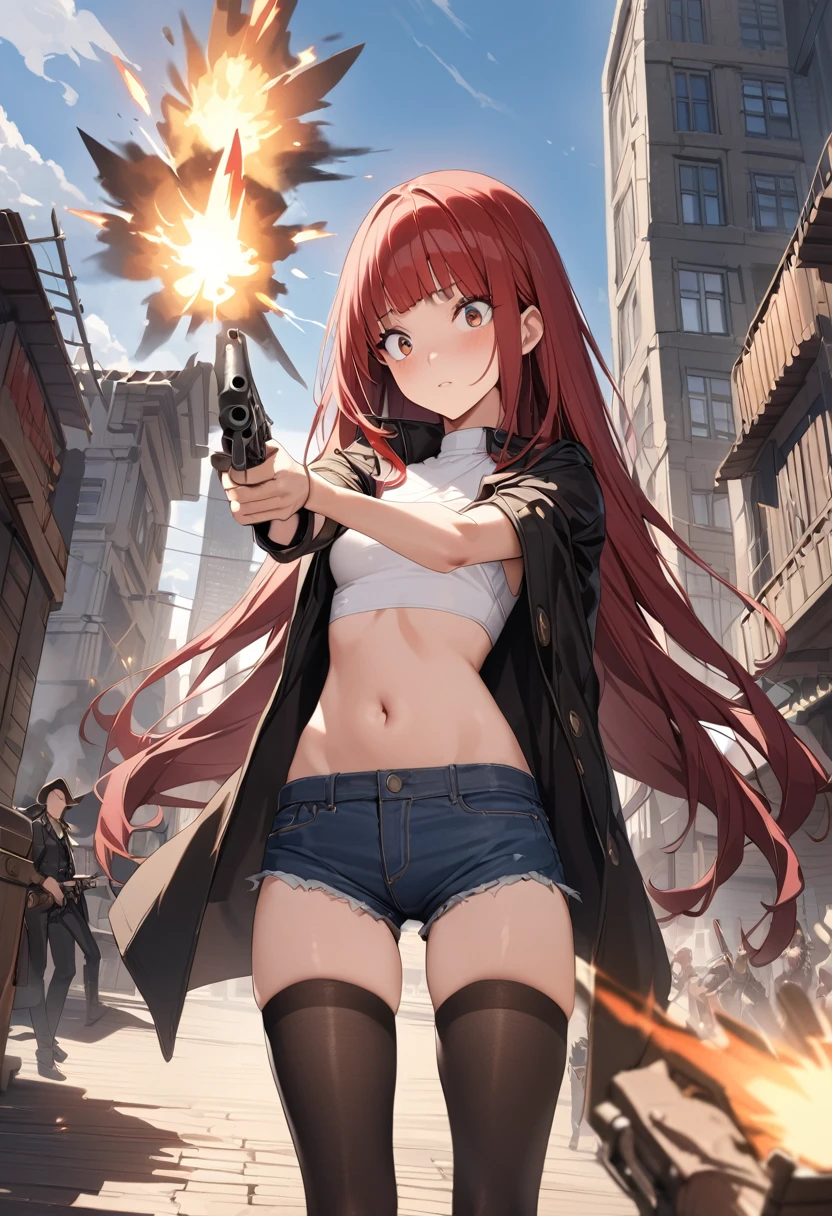 Gun action scene、Gunfight、((masterpiece,best quality anime,Highest quality:1.3)),realistic,cowboy shot,(25 year old beauty), gunslinger ,1woman,独奏,((very small head:1.4)),((very long body:1.3)),red hair,bangs,straight long hair,gorgeous big eyes,brown eyes,Rin々A funny expression、(Black long coat),Wearing a white tube top shirt under the coat,navel、(denim micro shorts、black_thighhighs),((slender body:1.3,skinny)),small breasts,(Shoot a gun:1.3,Firing stance),gleaming skin,shiny skin,Holding a gun in hand,revolver、Western cityscape、The World of Westerns、