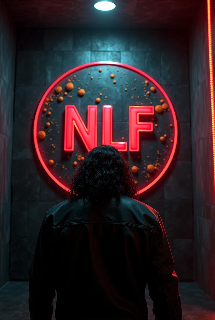 In the night at the secret meeting room , Very long-hair Indonesian toraja man, stocky, wearing a leather jacket, realistic, looking at the viewer, the back wall of the room has a round logo that says "NLF no limit family", letters embossed from clear red and white acrylic with gold dust, glowing corners, black natural stone background, surrounded by neon lines and clear color music note symbol lights up, the outer frame of the engraving line lights up softly, part of the logo is dark, realistic complex light ,8K,4D,HDR, hyper realistic,cinematic lighting,real sunlight lighting from the right side