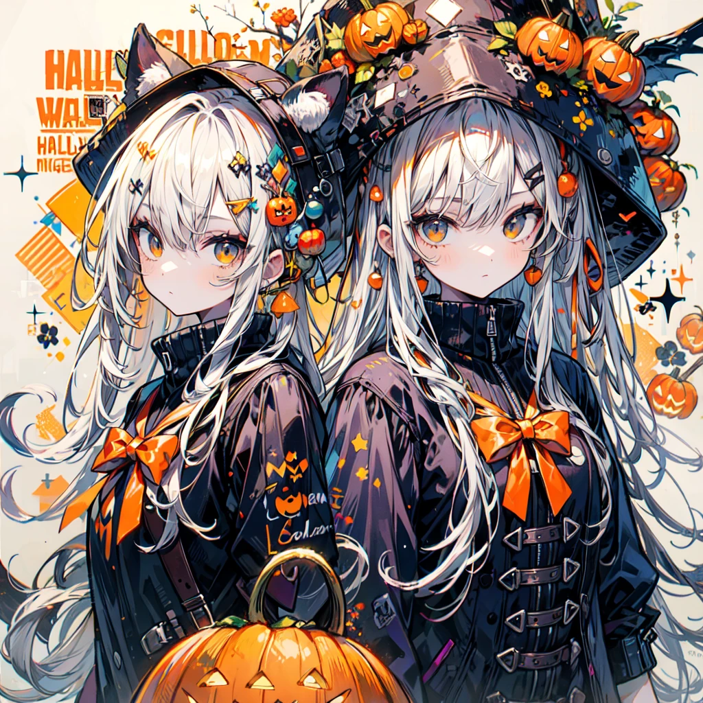 girl with orenge tied hair and a pumpkin hat, halloween theme,