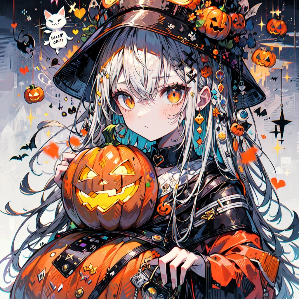 girl with orenge tied hair and a pumpkin hat, halloween theme,