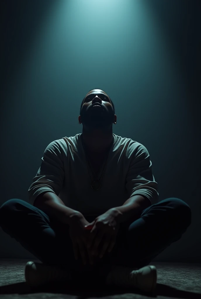RAW, Best quality, high resolution, work: 1.3), (iu:0.8),8K, Masterpiece, RAW photo, Best quality, detail:1.2),Photorealistic, Extremely detailed Cg Unity 8K wallpapers, Depth of field, Lens flare, Ray tracing, dark, moody, dramatic one light set up, African American r&b singer sitting down in a spot light performing. Front facing, top view
