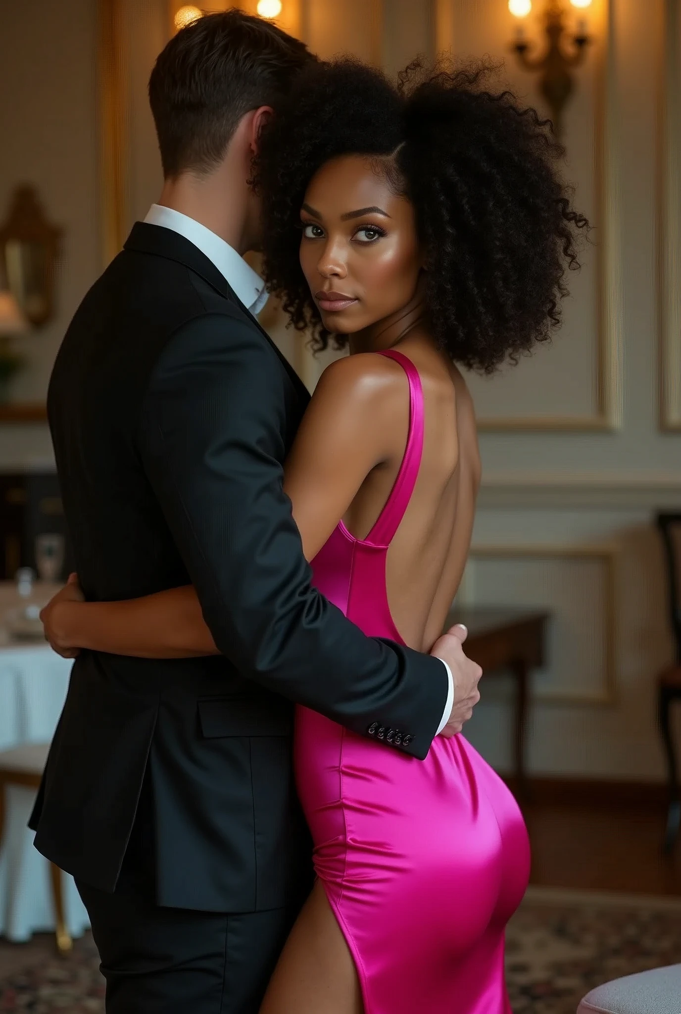 Very pretty black girl with wavy curly afro hair and blue eyes, Dressed in sexy pink gown. seductively hugging and grabbing the butt of a caucasian white man in black suit with his back facing the viewer. she is looking forward at the viewer seductively, Background of luxury mansion. Realistic photograph lifelike, cleavage, thigh, short skirt, sexy, 