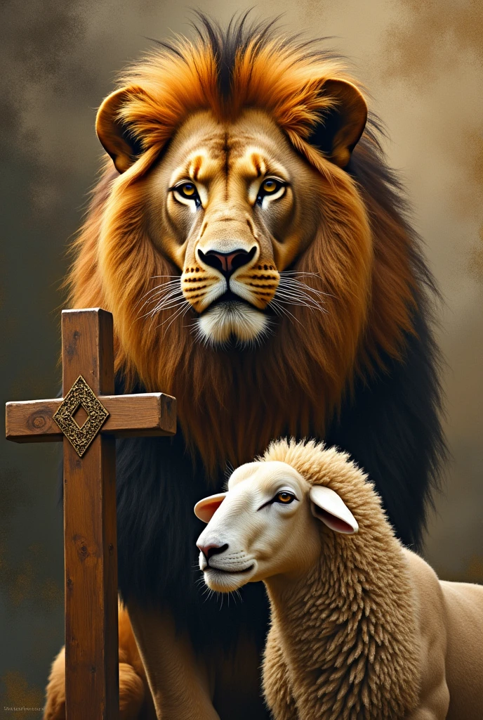 create an image of the lion of judah with a sheep next to it and a cross
