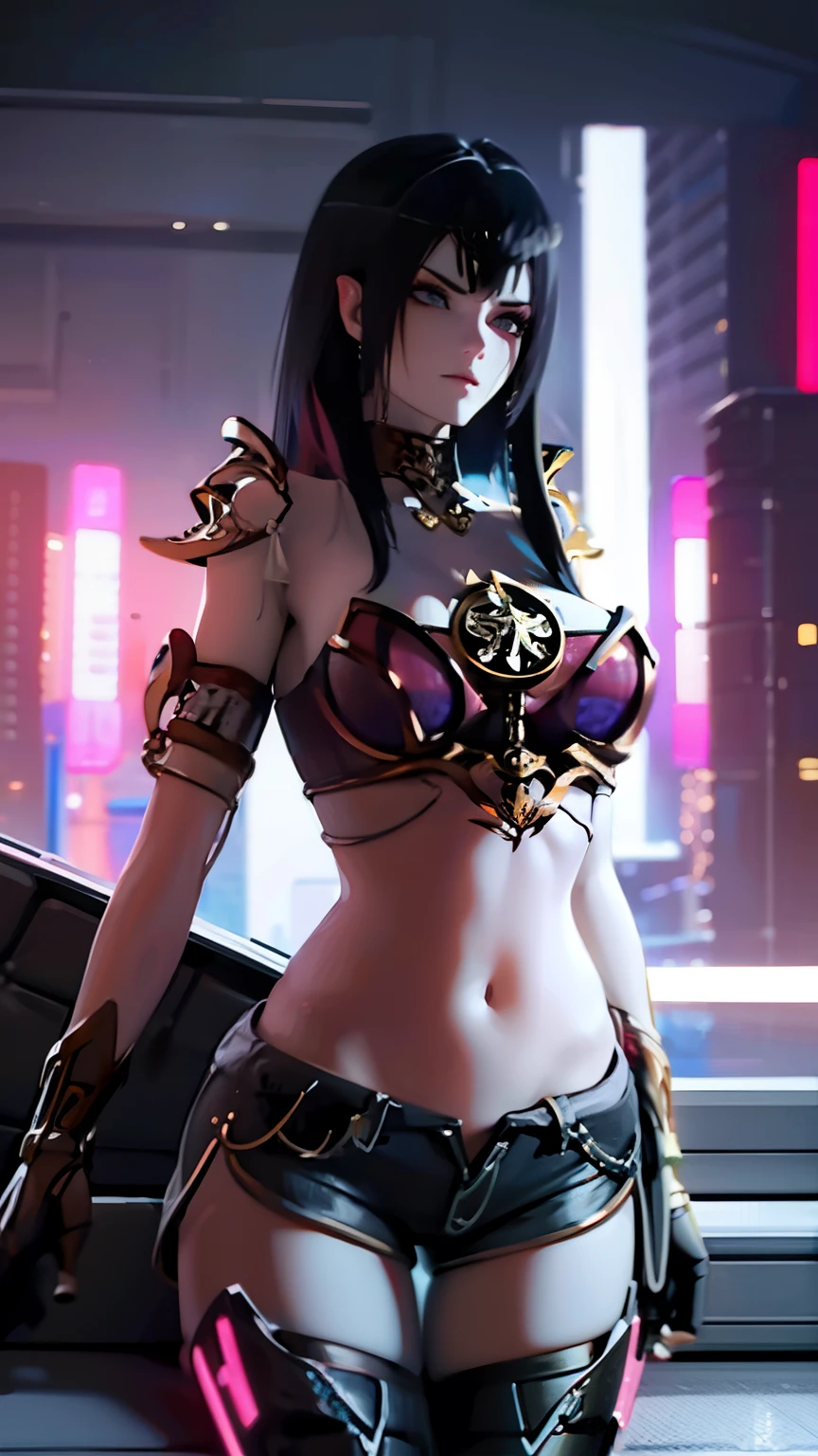 (extremely detailed CG unity 8k wallpaper), (ultra-detailed), masterpiece, best quality, lucy (cyberpunk), bodysuit, solo, breasts, cyberpunk city, multicolored hair, short hair, looking at viewer, medium breasts, black bodysuit, grey eyes, hip vent, clothing cutout, thigh gap, covered navel, white jacket, bare shoulders, short shorts, couch,