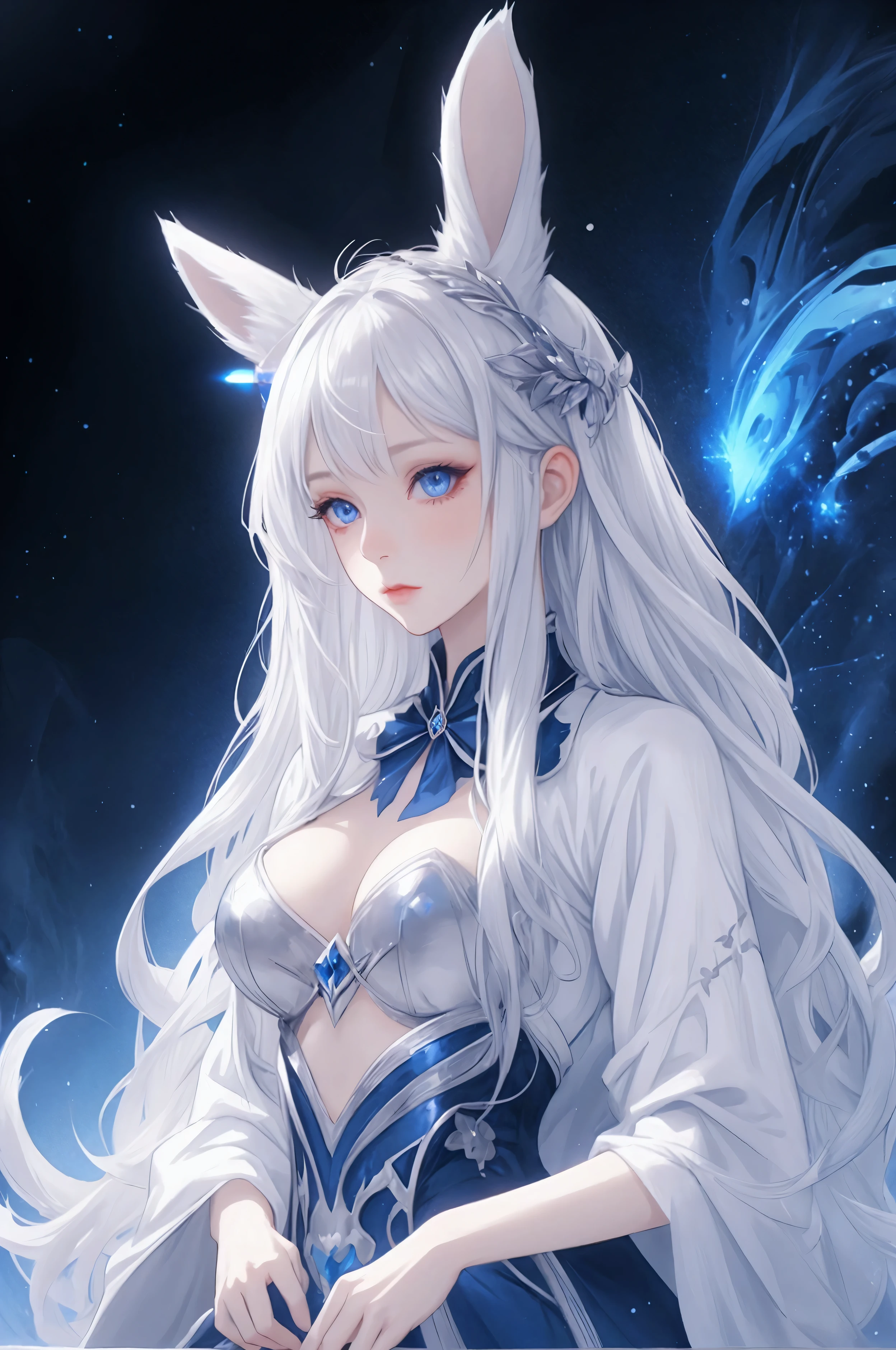 Woman, female focus, solo, fluffy rabbit ears, silver hair, very long hair, blue eyes, pale skin, fantasy clothing, top quality, ultra definition, Illustration, high resolution, fantasy background