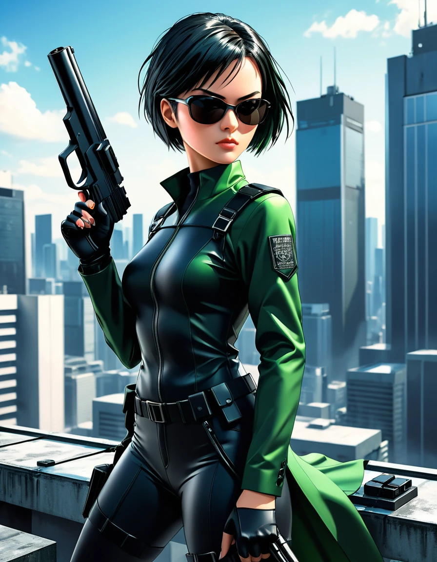 Anime illustration, character Trinity of ((The Matrix movie)) holding gun to the viewer on the roof of a skycraper plataform, stunning woman, black shades, short shaved straight haircut, cute face, serious look, surrealistic anime art style, high contrast, dynamic composition, hyperrealism, vibrant colors, sharp focus, deep shadows, studio lighting, wideangle lens, digital camera, high resolution, detailed textures, high detail, smooth lines, sharp edges, intricate details, natural look,8k