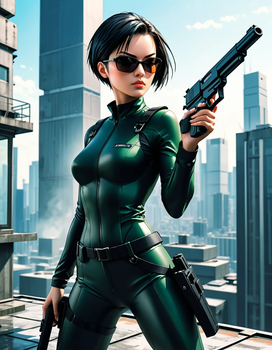 Anime illustration, character Trinity of ((The Matrix movie)) holding gun to the viewer on the roof of a skycraper plataform, stunning woman, black shades, short shaved straight haircut, cute face, serious look, surrealistic anime art style, high contrast, dynamic composition, hyperrealism, vibrant colors, sharp focus, deep shadows, studio lighting, wideangle lens, digital camera, high resolution, detailed textures, high detail, smooth lines, sharp edges, intricate details, natural look,8k