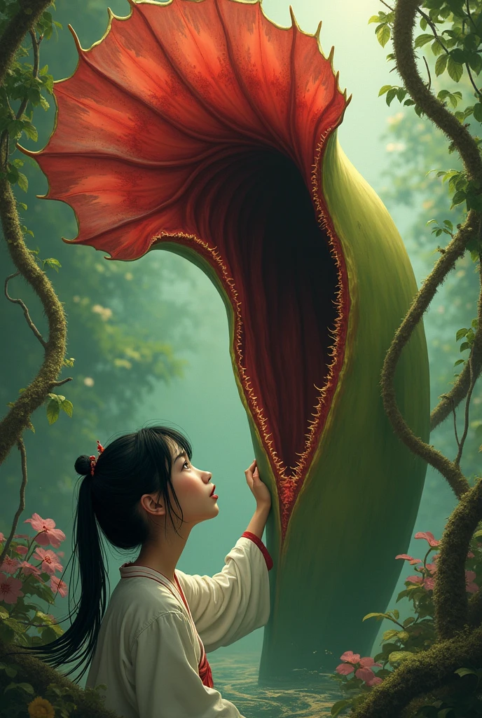A Japanese woman in a ponytail is sucked into a vinegar-smelling pitcher plant