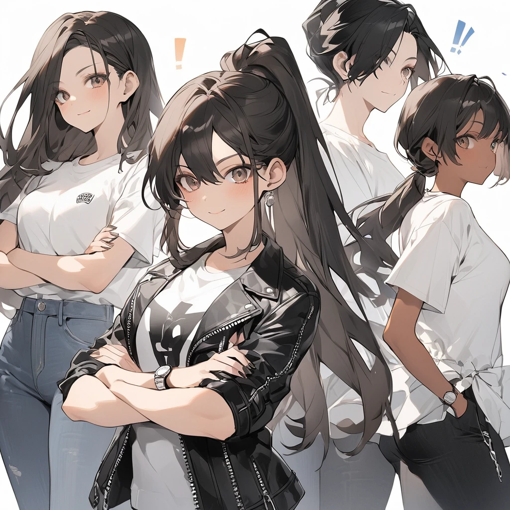 **Appearance:**
- **Age:** 25 years old.
- **Hair:** Long, straight black hair tied into a sleek high ponytail.
- **Eyes:** Sharp, dark brown eyes with a confident, focused expression.
- **Skin:** Medium complexion with a smooth, even tone.
- **Clothing:** A casual yet stylish outfit—a black leather jacket over a white t-shirt, paired with dark skinny jeans.
- **Accessories:** A silver watch on her left wrist and a small, crossbody bag.
- **Pose:** Standing with her arms crossed, one foot slightly forward, and a slight smirk on her face, exuding a cool and self-assured vibe.
!