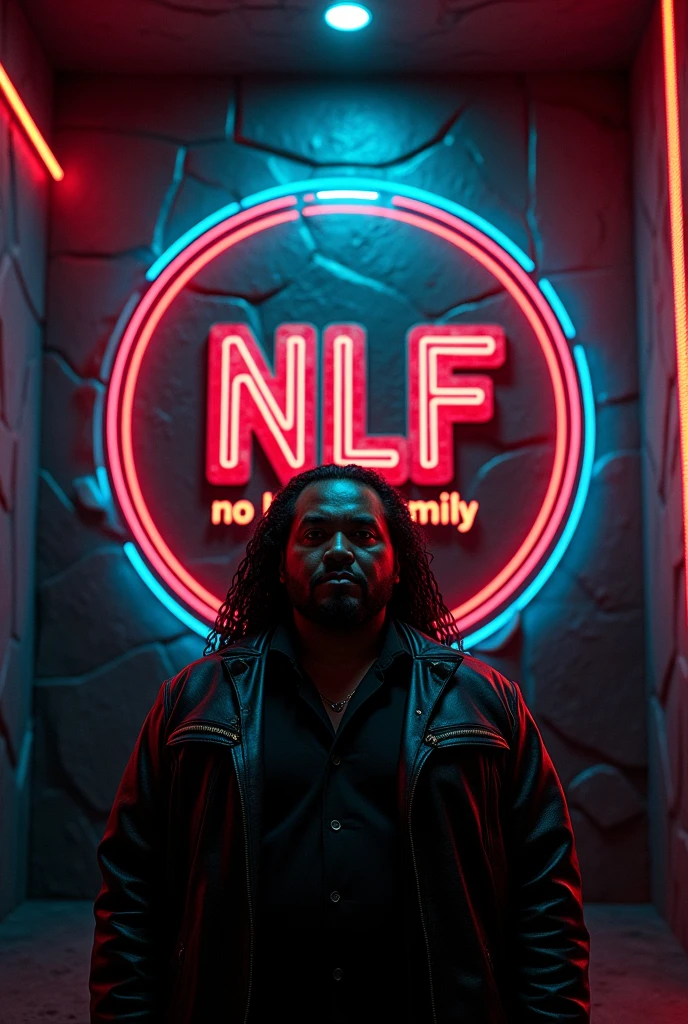 In the night at the secret meeting room , Very long-hair Indonesian toraja man, stocky, wearing a leather jacket, realistic, looking at the viewer, the back wall of the room has a round logo that says "NLF no limit family", letters embossed from clear red and white acrylic with gold dust, glowing corners, black natural stone background, surrounded by neon lines and clear color music note symbol lights up, the outer frame of the engraving line lights up softly, part of the logo is dark, realistic complex light ,8K,4D,HDR, hyper realistic,cinematic lighting,real sunlight lighting from the right side
