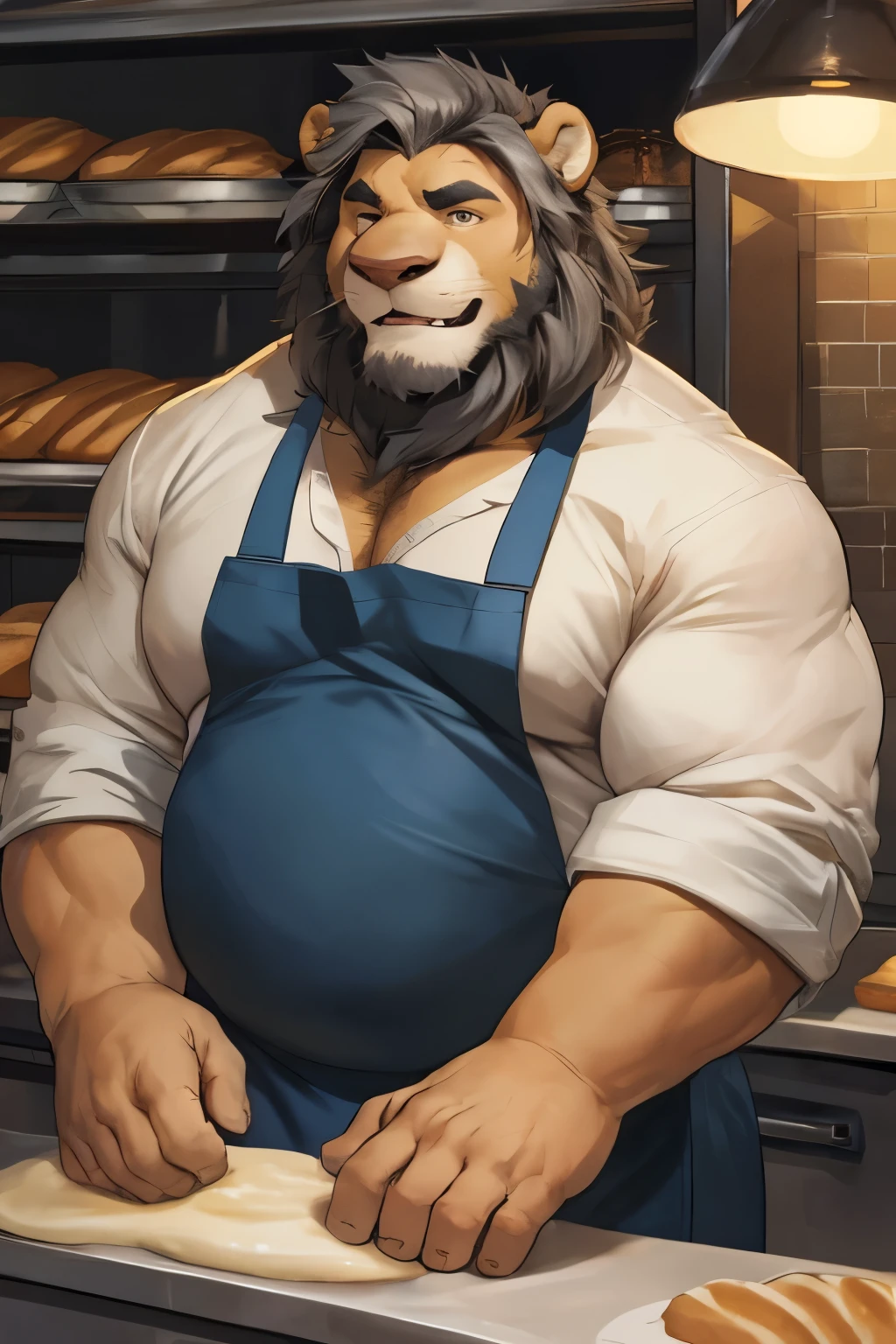 Chubby, fat, male  middle aged, anthro lion, baker, thin beard, flirting  , big chest, huge hefty pecs, dynamic light, opened Shirt, white, apron, thick shirt ,Gray hair and beard, extremely hot and sexy, Daddy figure, hot daddy, boss, by darkgem, by zixiong, by glitter trap boy, in a bakery, (white cream on the hands and on the apron:1.2)