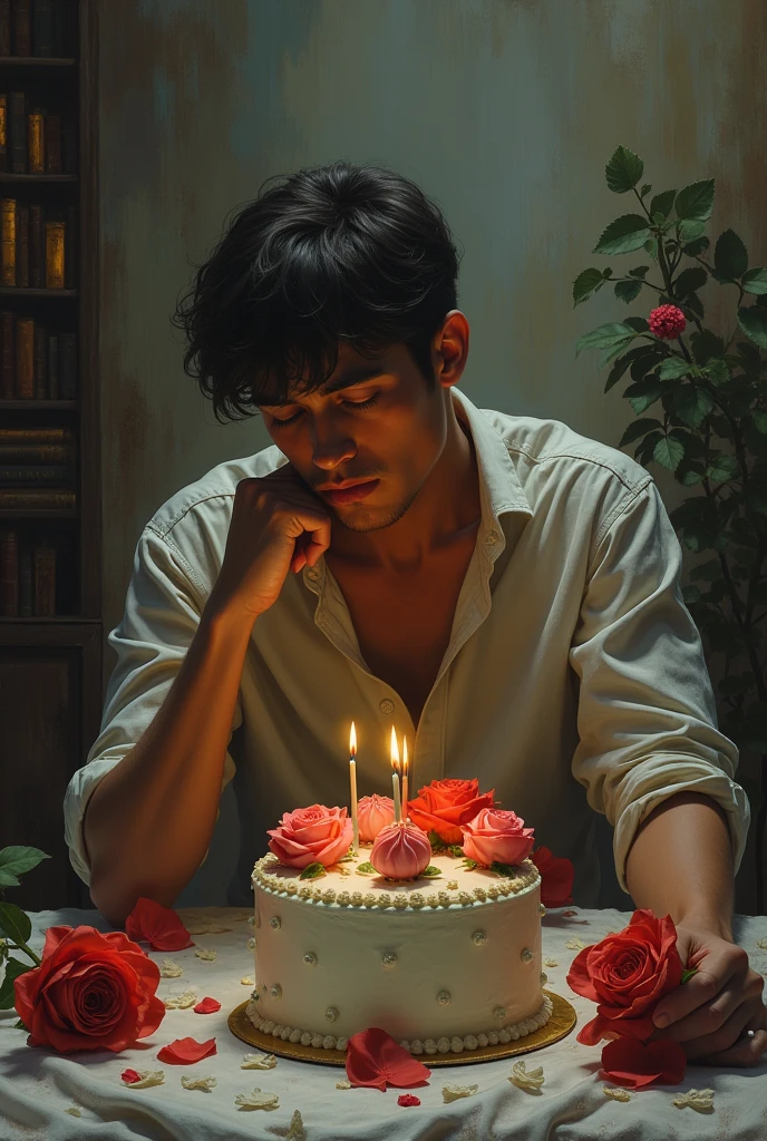A girl whom I loved a lot but is no longer in my life, the effect of memories, a sad background, some shining books, a boy sitting sadly, remembering the girl, an atmosphere of birthday wishes, The cake is placed beside it, along with flowers and a rose