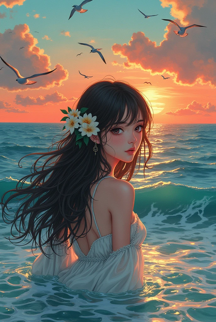 Yoshihiro Togashi style, brunette, female, flowers, looking at viewer, ocean, sunset, seagulls, seascape