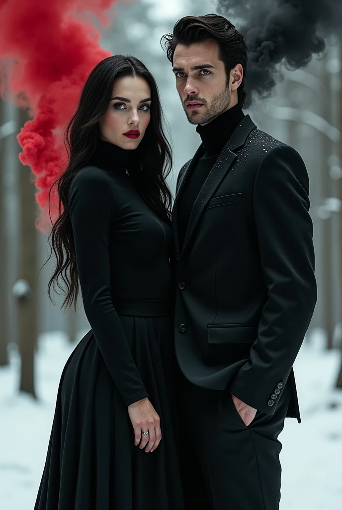 Woman with long wavy black hair full red lips dark grey eyes wearing black turtleneck dress with red smoke around stands in snowy pine forest next to shaved man with black smoke black suit short disheveled black hair grey eyes marked jaw
