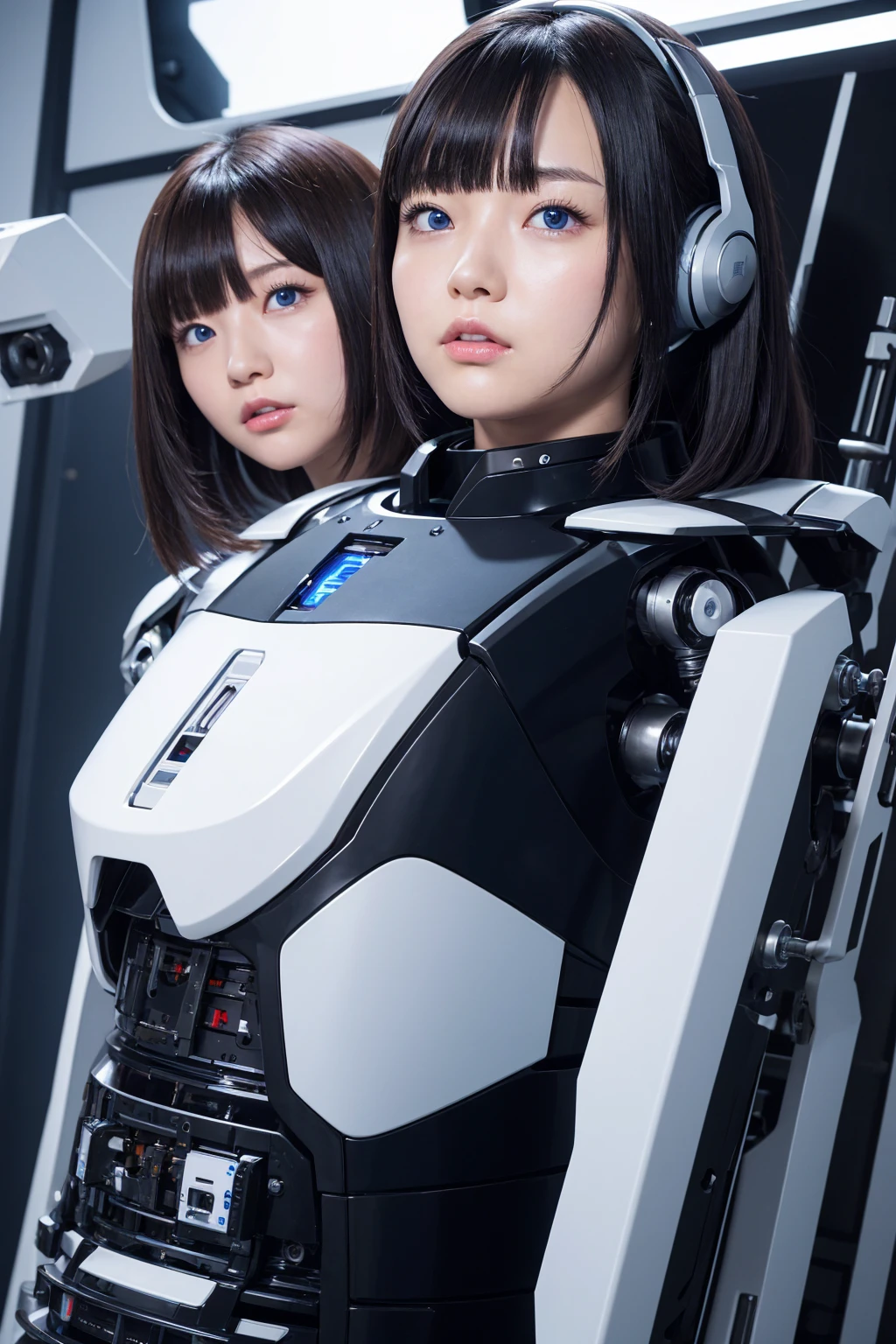 masterpiece, best quality, extremely detailed, Japaese android girl,portrait,Plump,a bit chubby,control panels,android,Droid,Mechanical Hand, Robot arms and legs, Black hair,Blunt bangs,perfect robot girl,long tube,thick cable connected her neck,android,robot,humanoid,cyborg,japanese cyborg girl ,robot-assembly plant,She is assembling now,assembly scene,blue eyes,chest monitor