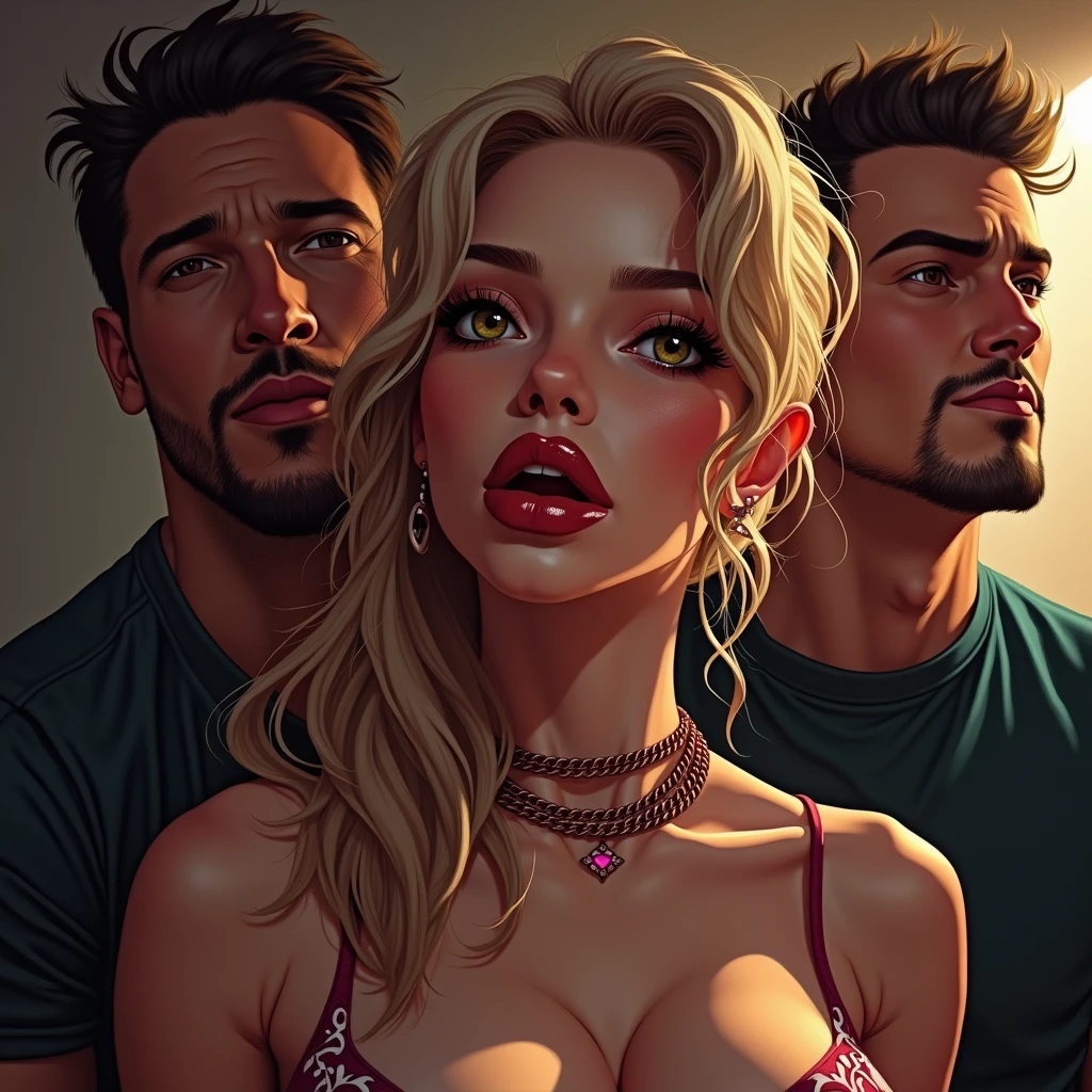 A hyper realistic cyberpunk style photo with vivid and eye-catching colors, A blonde woman with a sexy defined body, accompanied by her husband and his friend, The three have an air of passion for the situation and like to provoke, She is very excited and her breasts are out and being held with one hand by her husband and the other by her friend, A digital painting style image, sharp focus, Illustrative art by Greg Rutkowski, NSFW.