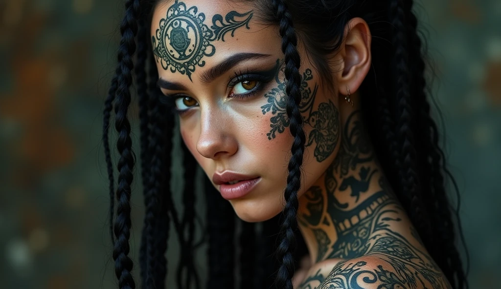 a pose of a beautiful woman with tattoos on her face and body, beautiful female android, tattooed face, dark elf, skin black, intricate braided hair, portrait in matte painting, photo by full body, glare eyes, she is dressed in shaman clothes, heavy make-up, pintura tribal, Celta, fractalpunk, cryptopunk, (attractive young man: 1,3) , (seducer:1,1), detalhamento, a lot of femininity, enticing, dazzling, cinematic lighting, dramatic lighting, warm color tones, dramatic colors, (best qualityer, 4K, 8k, high resolution, Masterpiece artwork: 1.2), (realisitic, foto realisitic 1,37), HDR, 16:9.