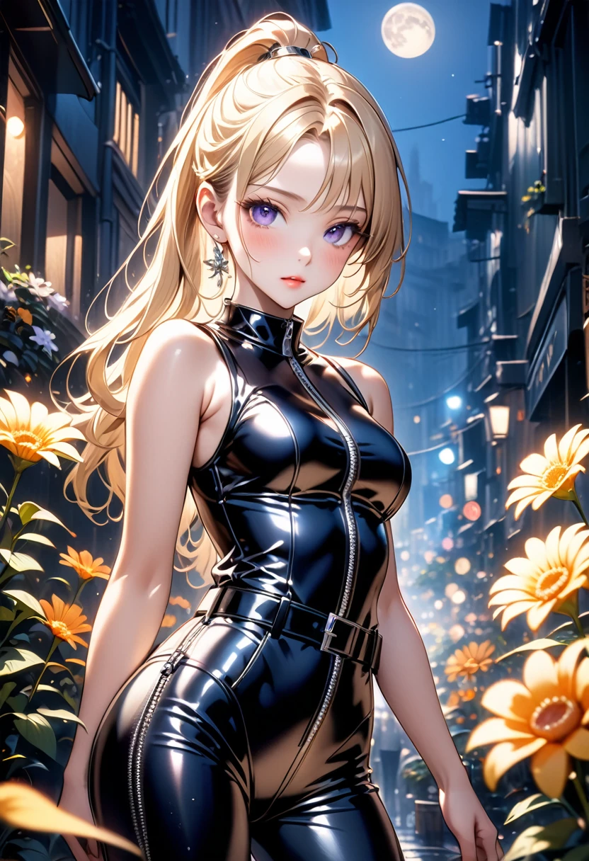 ai-generated,, One girl, Blonde Wavy Hair, Purple eyes, Glowing Eyes, Short dress, visible shoulders, Lips parted, blush, night, Flowers, sun, sunlight, dutch angle, sexly, Shiny costumes,, (camel toe:0.5), (visible nipples:0.8), sexly pose,