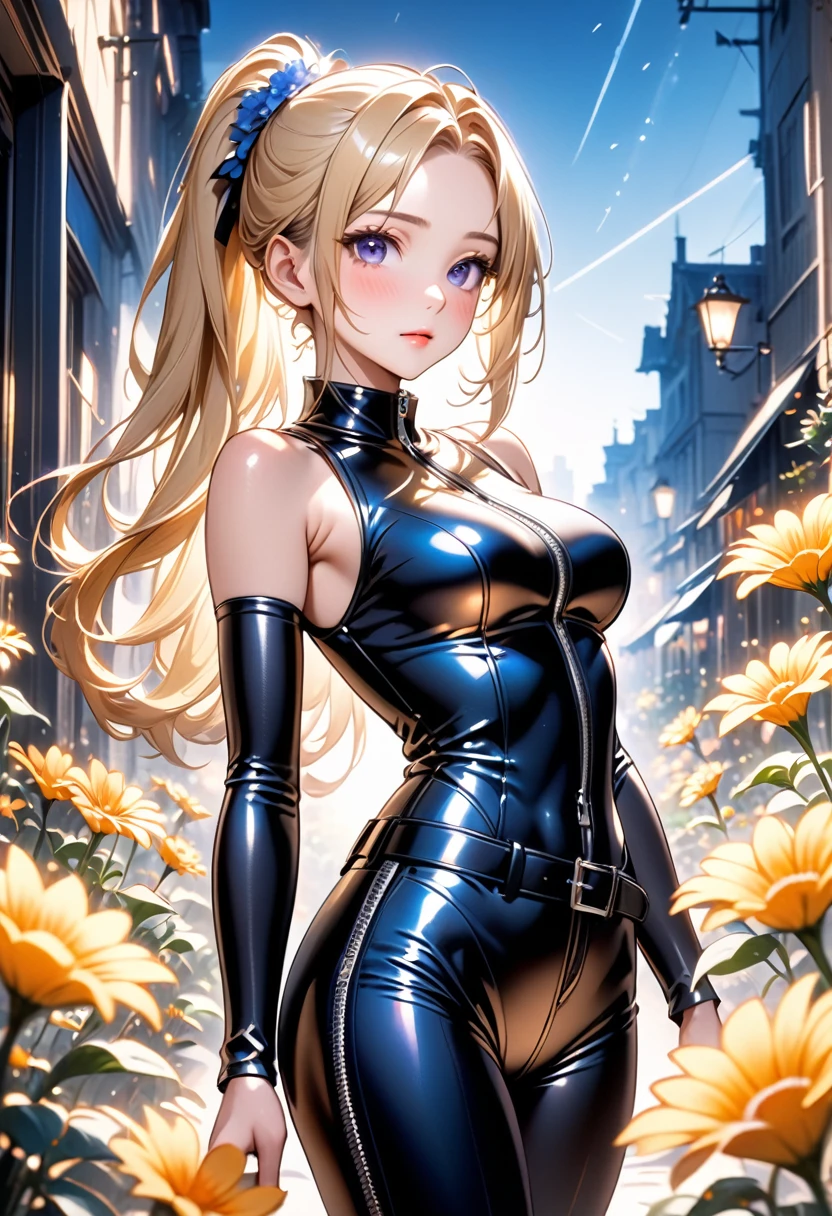 , One Girl, blonde, Purple eyes, Shining Eyes, , Lips parted, blush, night, flower, sun, sunlight, Blue and black leather pants, Silver zipper,Belt below the waist,Ultra-fine illustrations,blonde , Show your forehead, Silver Center Zipper, Leather Blue Black Bodysuit, Sleeveless Blue Black, Shiny, blonde ponytail, ai-generated,